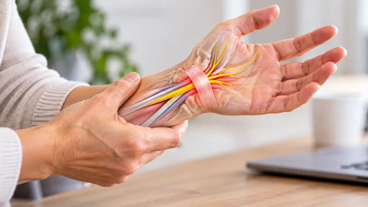 Person holding their wrist with an anatomical overlay showing the median nerve passing through the carpal tunnel.
