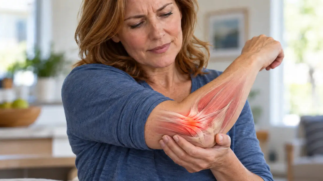 Woman holding her painful elbow with an anatomical overlay illustrating inflamed tendons associated with elbow tendonitis.