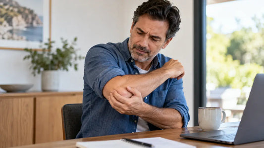 Man experiencing elbow pain while sitting at his work desk, holding his elbow with his other hand.