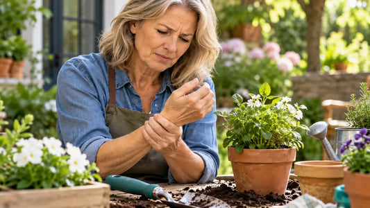 Woman holding her painful wrist while gardening, showing how hand and wrist pain can affect everyday activities.