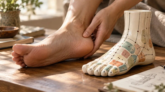 Ceramic anatomical foot model beside a person's bare foot as they hold their heel, illustrating heel and ankle pain.