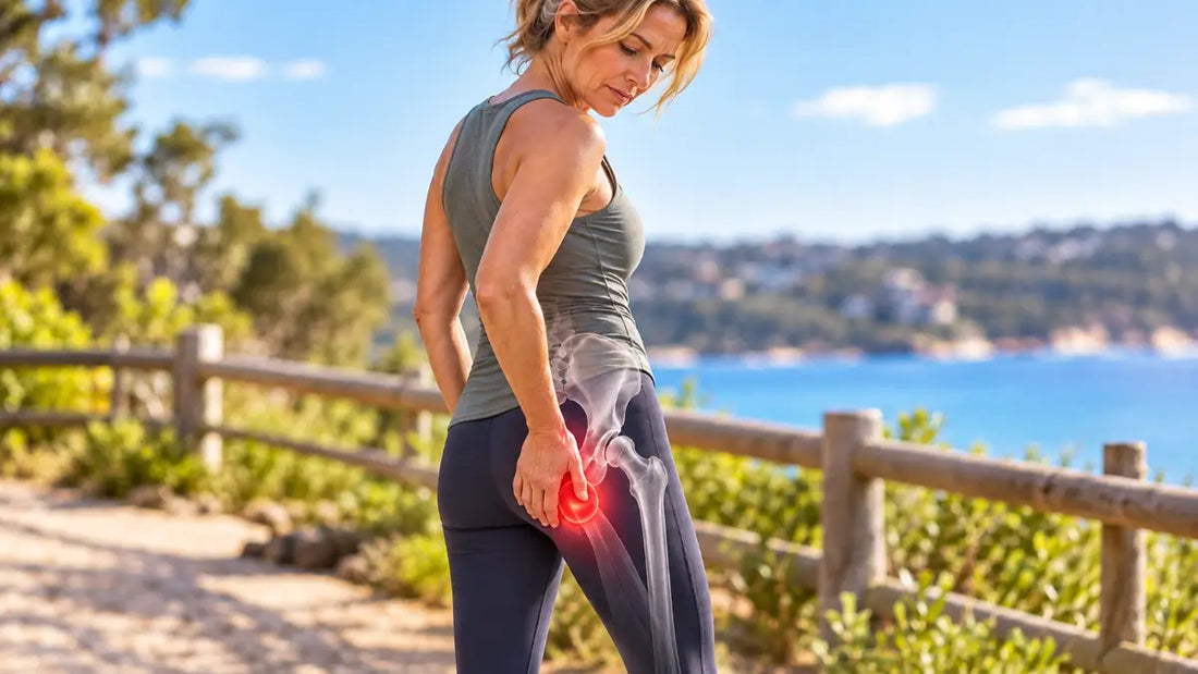 Woman holding her lower buttock with an anatomical overlay highlighting the area affected by ischial bursitis.