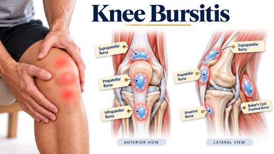Knee bursitis illustration showing a person holding a painful knee alongside labelled bursae in front and side anitomical views.