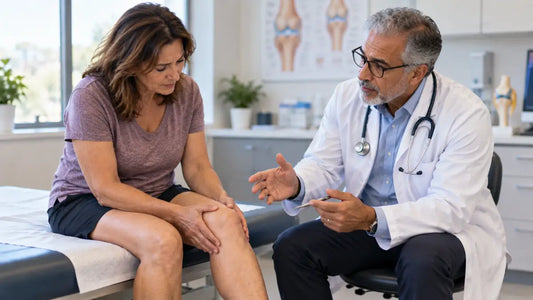 Doctor discussing knee pain with a woman holding her knee during a medical consultation.