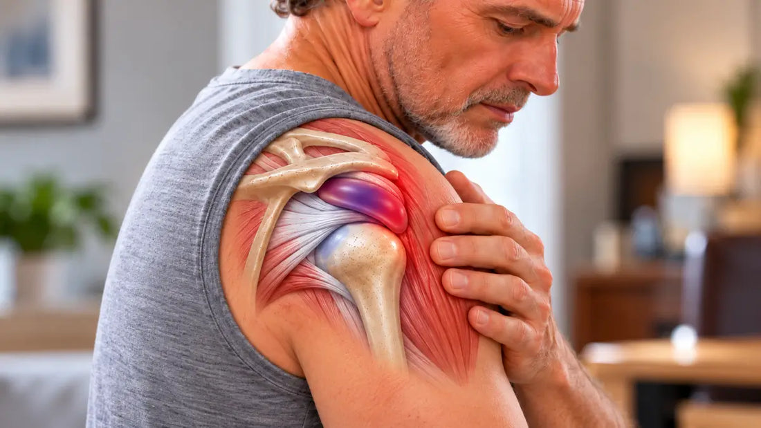 Man holding his painful shoulder with an anatomical illustration showing inflammation of the subdeltoid bursa.