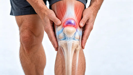 Person holding their knee with an anatomical overlay highlighting suprapatellar bursitis above the kneecap.
