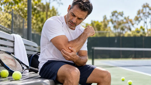 Man experiencing tennis elbow pain while sitting on a bench at a tennis court, holding his painful elbow.