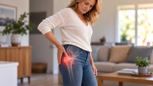 Woman holding her outer hip with an anatomical overlay highlighting the area affected by trochanteric bursitis.