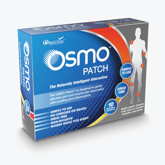 OSMO Patch 10-Pack product box containing 10 drug-free, non-invasive patches for joint swelling and associated pain.