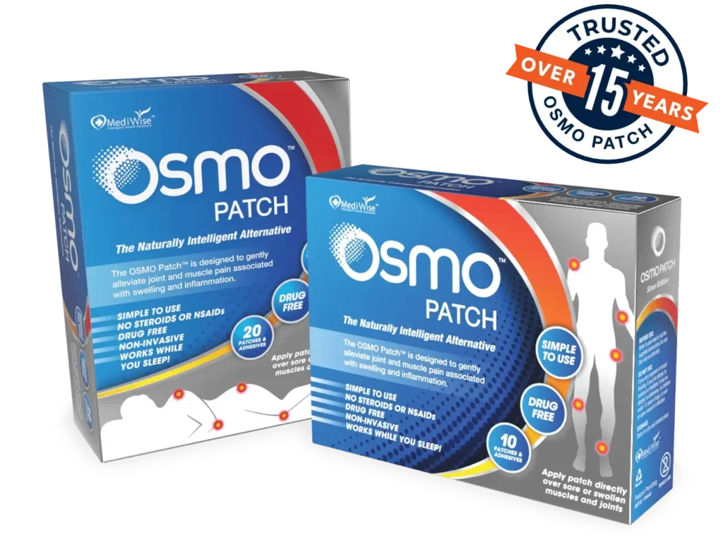OSMO Patch Product Image - 1 pack of 10 patches displayed horizontally, 1 pack of 20 patches displayed vertically and the OSMO Patch trusted over 15 years badge